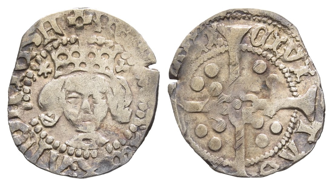England. Lancaster, Henry V AR Penny.: 1413-1422. York mint. Type F. Crowned facing bust; mullet to left of crown, trefoil to right / Long cross patt?e with voided quatrefoil at centre; triples pellets in quarters. North 1403; SCBC 1788. 0