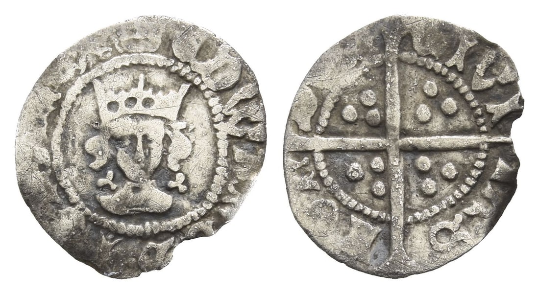 England. York, Edward IV AR Halfpenny.: Struck 1468-1469. London (Tower) mint; i.m: crown. Light coinage. (Crown) ?DWARD DI GRA R?X, crowned facing bust; trefoils flanking bust / CIVI-TAS LO?-DO?, long cross patt?e; triple pellets in quarte