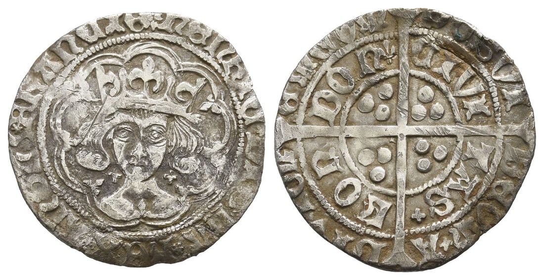 England. Tudor, Henry VII AR Groat.: 1485-1487. London (Tower) mint. First Coinage. 'Lis-Signed' Issues. (Rose) ???RIC ? DI ? GRA ? R?X ? A?GL ? Z ? FRA?CI?, crowned facing bust within double polylobe with lis at cusps; crosses by neck /