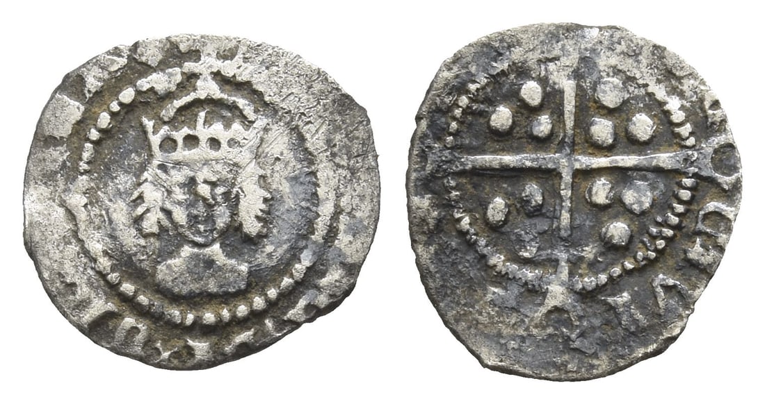 England. Tudor, Henry VII AR Halfpenny.: 1485-1509. London (Tower) mint. Facing bust issue. Class V. Crowned facing bust, one plain arch in crown / CIVI-TAS LON-DON, long cross patt?e; triple pellets in quarters. Cf. SCBC 2245. 0.35gr, 12mm,