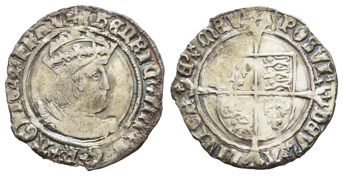 England. Tudor, Henry VIII AR Groat.: Struck 1526-1544. Tower (London) mint; i.m: lis/pheon. Crowned bust to right (Laker bust D) / Coat-of-arms over long cross fourch?e. North 1797; SCBC 2337E. 2.48gr, 25mm, 8h. Good Fine. From the priva