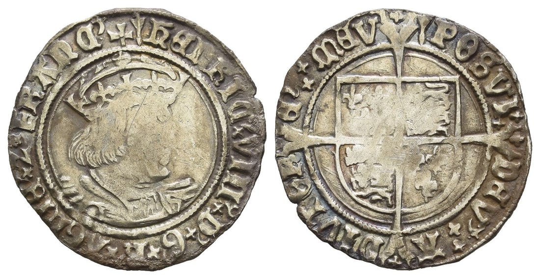 England. Tudor, Henry VIII AR Groat.: Struck 1526-1544. Tower (London) mint; i.m: arrow/arrow. Second coinage. Laker D bust. (Arrow) ??nRIC 9? VIII 9? D' ? G' ? R' ? AGLI?' ? Z ? FRAnC', crowned bust to right / (Arrow) POSVI ?? D?V' ?? A-