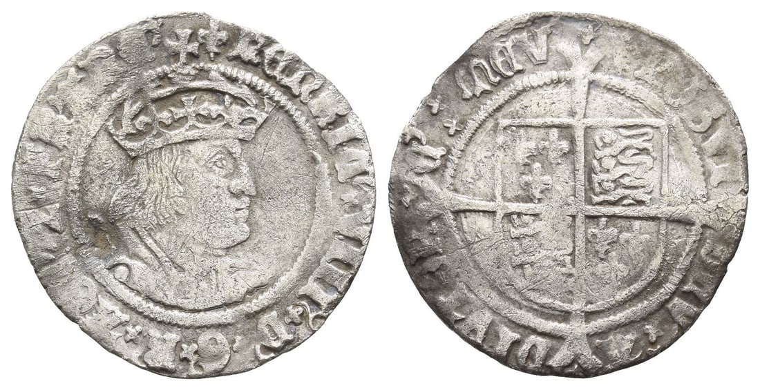 England. Tudor, Henry VIII AR Groat.: Struck 1526-1544. Tower (London) mint; i.m: lis/lis. Second coinage. Laker D bust. (Lis) ??nRIC VIII D' G' R' AGL Z' FRA', crowned bust to right / (Lis) POSVI D?V' A-DIVTOR-?' ??V', coat-of-arms over 
