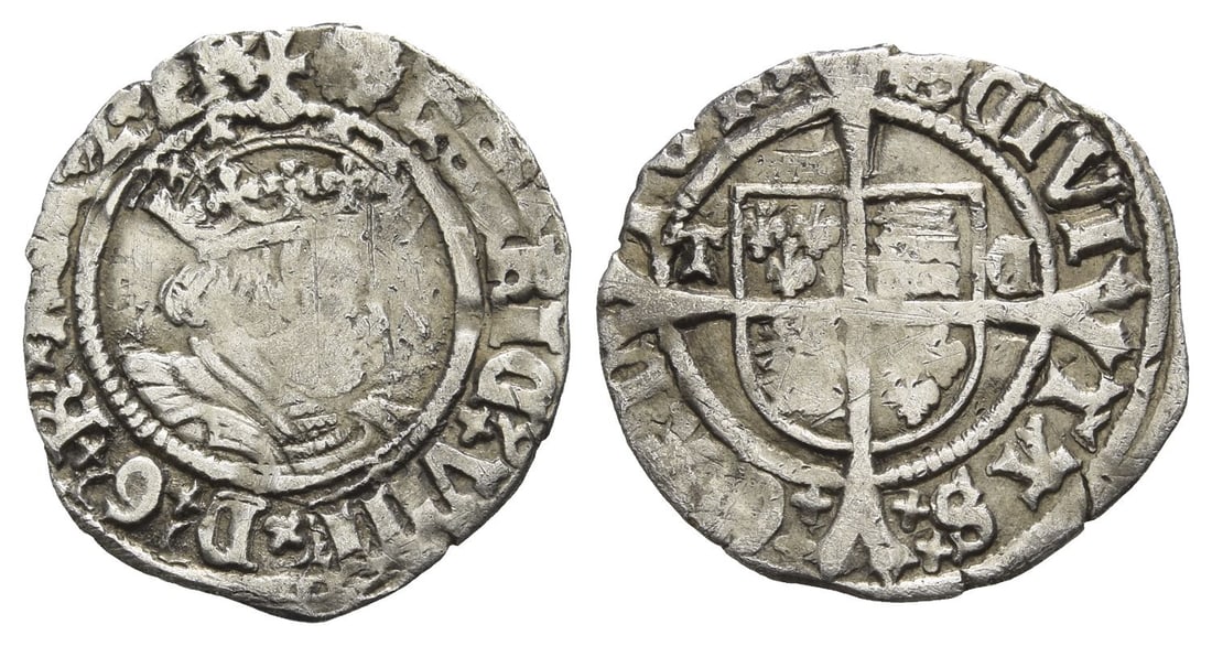 England. Tudor, Henry VIII AR Halfgroat.: Struck 1532-1544. Canterbury mint; i.m: Catherine's wheel. Thomas Cranmer, archbishop. Second coinage.. (Catherine's wheel) ??NRIC 9? VIII 9? D '? G '? R '? AGL '? Z ? FR', crowned bust to right / (Ca