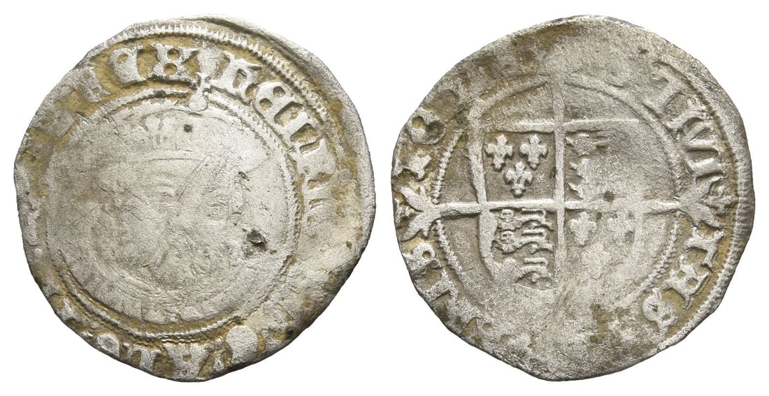 England. Tudor, Henry VIII AR halfgroat.: Struck 1546-1547. Bristol mint. Third coinage. Crowned and mantled facing bust / Coat-of-arms over long cross fourch?e; lis in forks. North 1851; SCBC 2377. 1.21gr, 20mm, 9h. Good Fine. From the priva