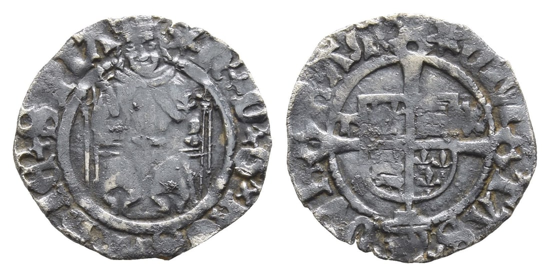 England. Tudor, Henry VIII AR Penny.: Struck 1514-1526. Durham mint; i.m: star. Thomas Ruthall, bishop. First coinage, sovereign type.. (Star) ? '? D '? G '? ROSA' ? SI?' ? SPIA, Henry enthroned facing, holding lis-tipped sceptre and glob