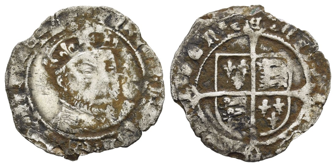 England. Tudor, Henry VIII AR Groat.: Struck 1545-1546. Southwark mint; i.m:-. Third coinage. Crowned and mantled facing bust (Laker C) / Coat-of-arms over long cross fourch?e; S in horizontal forks, ? in vertical forks. Whitton 2; North 