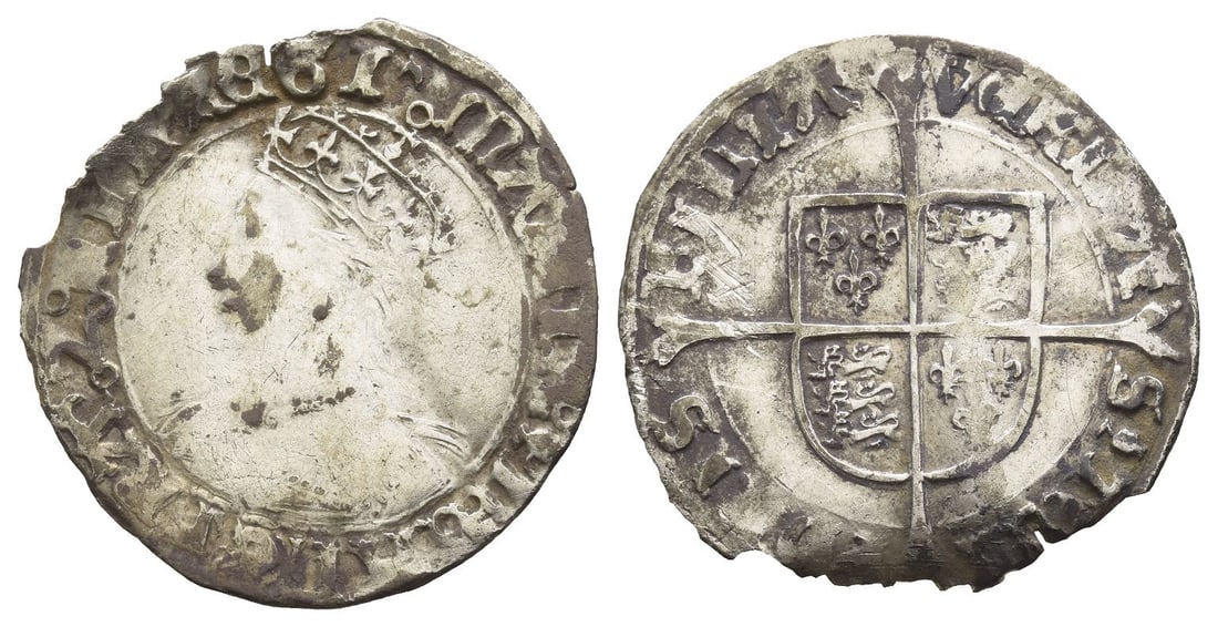 England. Tudor, Mary AR Groat.: Struck 1553-1554. Tower (London) mint; i.m: pomegranate. ?ARIA ?(pomegranate)? D ?' G ?' ANG ?' FRA ?' Z ? ?IB ?' R?GI ?', crowned bust to left / V?RITA-S (pomegranate) T??-PORIS FILIA, coat-of-arms o