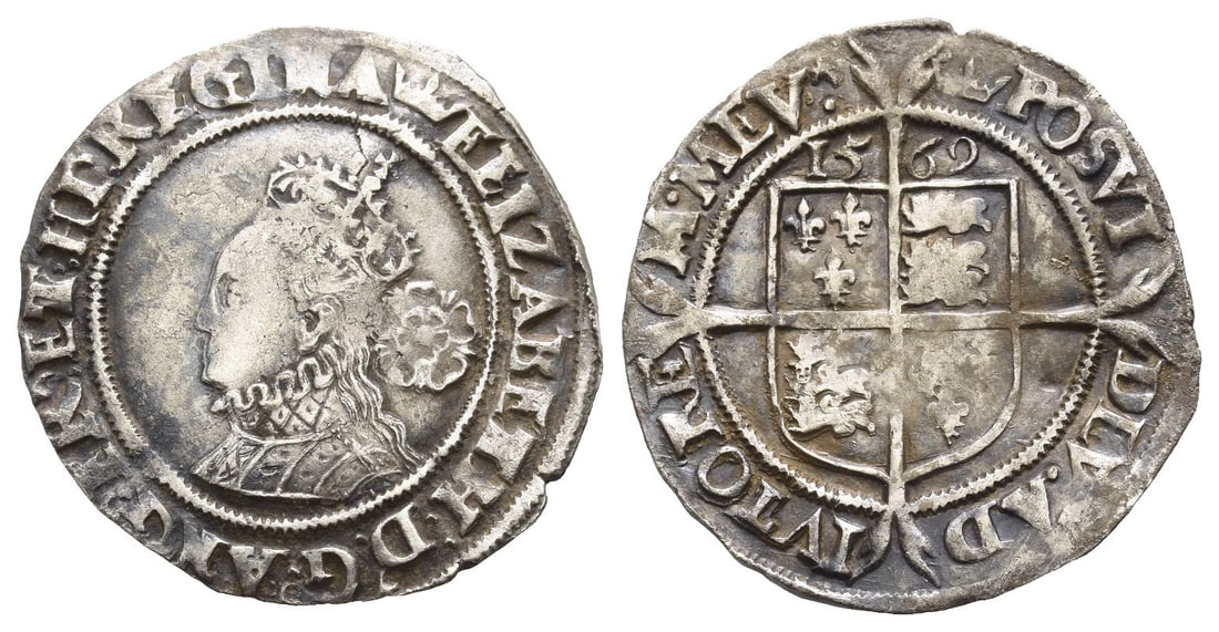England. Tudor, Elizabeth I AR Sixpence.: Dated 1569. Tower (London) mint, Third and Fourth Issue. Intermediate bust 4B, ear shows.. (Coronet) ELIZABETH : D .' G .' ANG .' FR .' ET : HI .' REGINA, crowned bust to left, wearing ruff; rose behi
