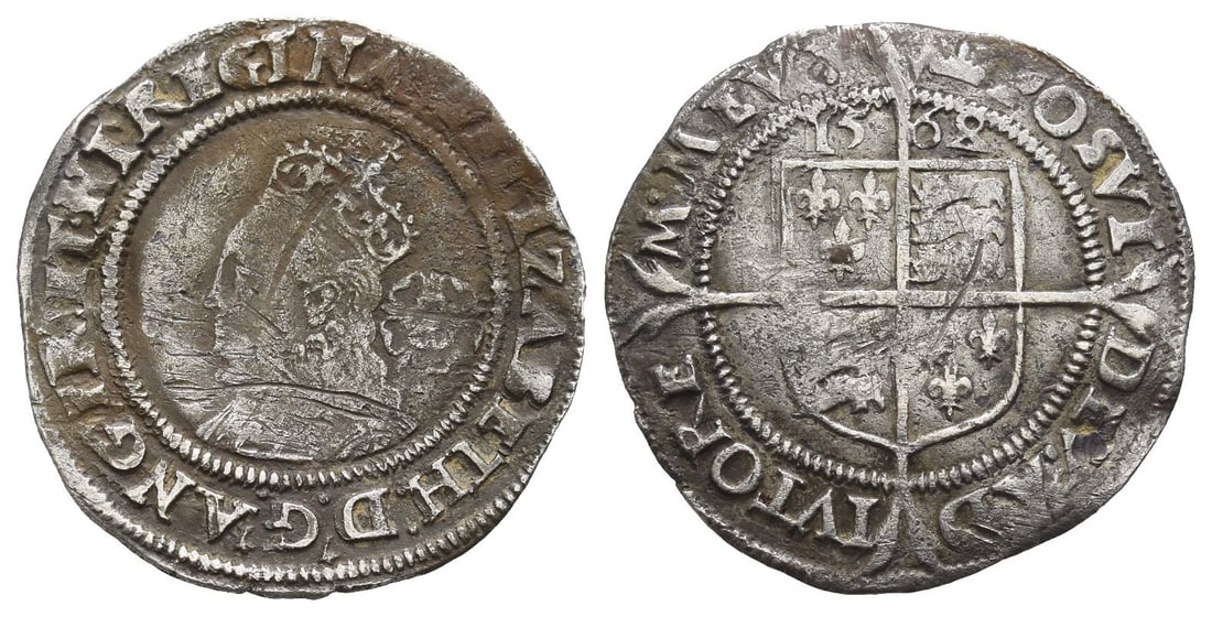 England. Tudor, Elizabeth I AR Sixpence.: Dated 1568. Tower (London) min; i.m: coronet. Third and Fourth Issue. Intermediate bust 4B, ear shows.. (Coronet) ELIZABETH D G ANG FR ET HI REGINA, crowned bust to left, wearing ruff; rose behind / (