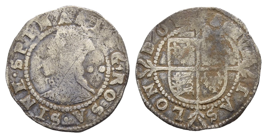 England. Tudor, Elizabeth I AR Halfgroat.: Struck 1582-1583. London (Tower) mint; i.m: bell. Sixth issue. Crowned bust (6D) TO left, wearing ruff; ?? (mark of value) to right / Coat-of-arms over long cross fourch?e. North 2016; SCBC 2579. 0.94