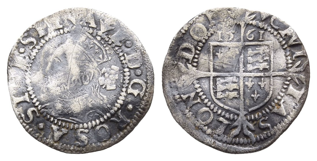 England. Tudor, Elizabeth I AR Threehalfpence.: Dated 1561. Tower (London) mint; i.m: pheon. Third issue. (Pheon) E ? D ? G ? ROSA ? SINE ? Spina, crowned bust to left; rose to right / (Pheon) CIVI-TAS LON-DON, coat-of-arms over long cross fourch?e