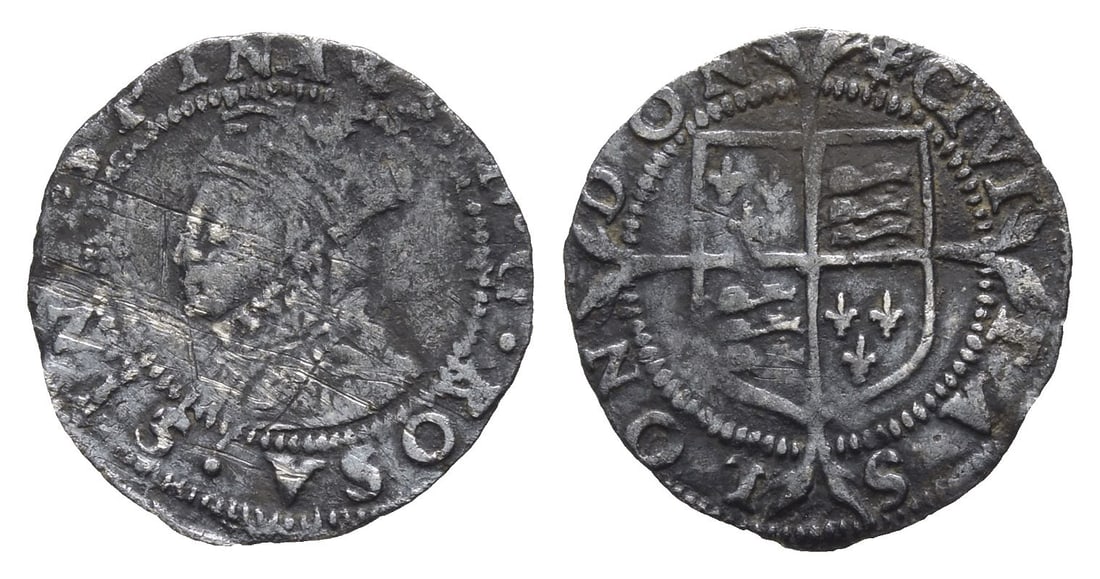 England. Tudor, Elizabeth I AR Penny.: Struck 1560-1561. London (Tower) mint; i.m: Cross crosslet. Second issue. (Cross crosslet) E ? D ? G ? ROSA ? SINE ? SPINA, crowned bust (3H) to left, wearing ruff / (Cross crosslet) CIVI-TAS LON-DON,