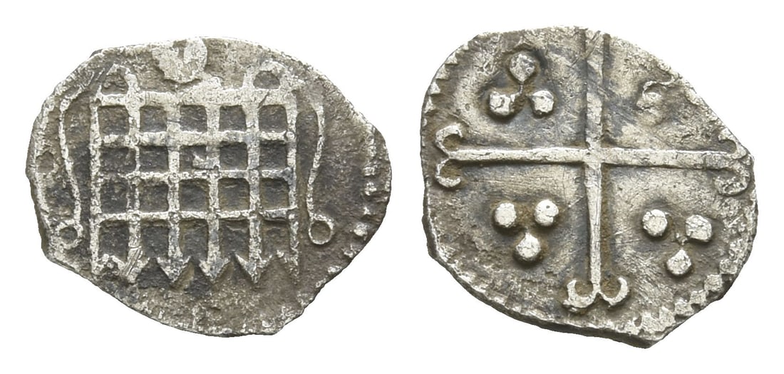 England. Tudor, Elizabeth I AR Halfpenny.: Struck 1587-1589. Tower (London) mint; i.m: crescent. Sixth issue. Portcullis; crescent above / Cross moline; triple pellets in quarters. North 2018; SCBC 2581. 0.27gr, 10mm, 5h. Near Very Fine. From 