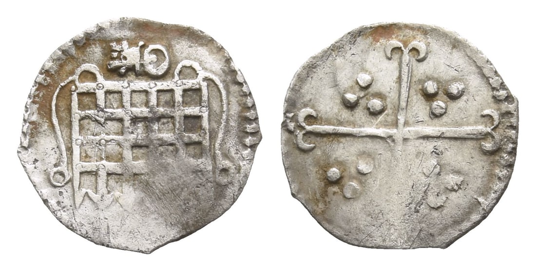 England. Tudor, Elizabeth I AR Halfpenny.: Struck 1595-1598. Tower (London) mint; i.m: key. Sixth coinage. Portcullis; key above / Cross moline; triple pellets in quarters. North 2018; SCBC 2581. 0.21gr, 10mm, 2h. Near Very Fine. From the priv