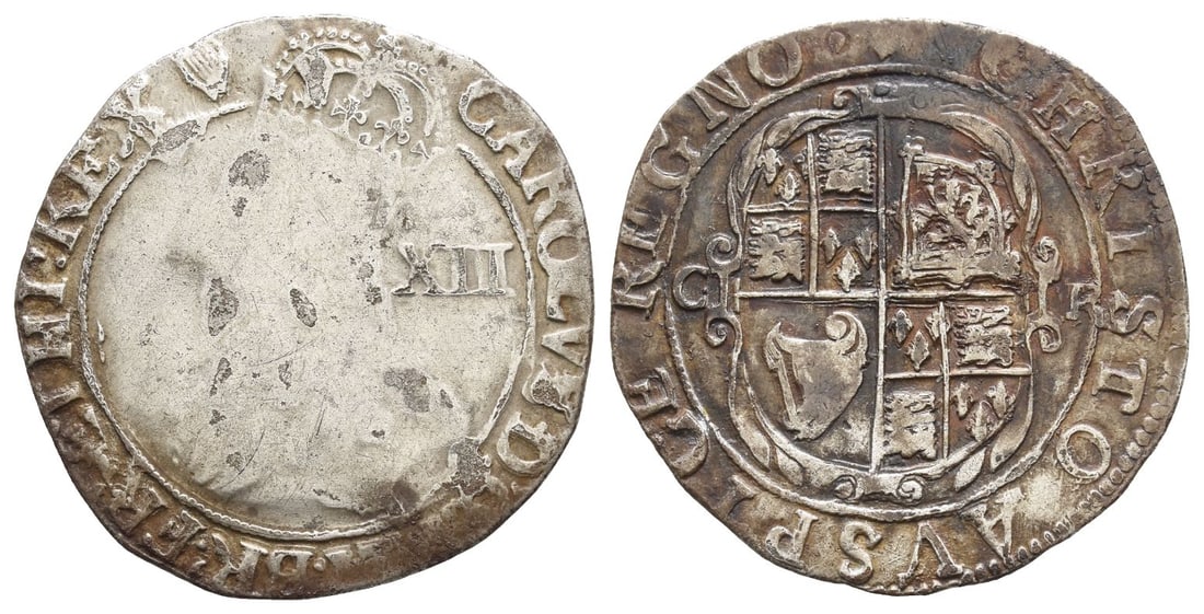 England. Stuart, Charles I AR Shilling.: Struck 1632-1633. Tower (London) mint; i.m: harp. Group D, type 3.1.. (Harp) CAROLVS D .' G .' MA .' BR .' FR .' ET HI .' REX, fourth bust to left; XII (mark of value) to right; jeweled crown nearly t