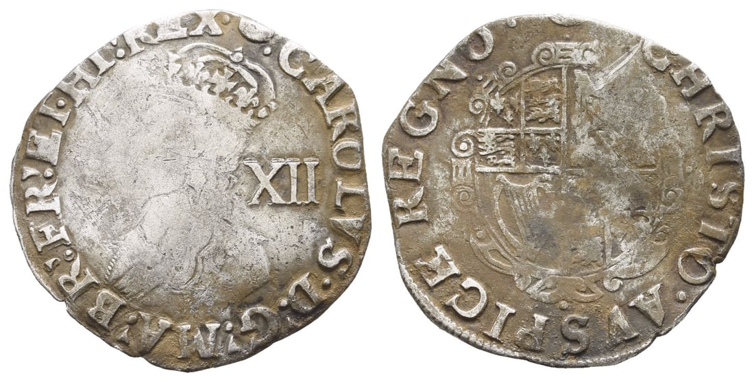 England. Stuart, Charles I AR Shilling.: Struck 1636-1638. Tower (London) mint; i.m: tun. Group D, type 3a. No inner circles.. (Tun) ? CAROLVS ? D .' G .' MA .' BR .' FR .' ET ? HI .' REX ?, crowned fourth bust to left; XII (mark of value) t