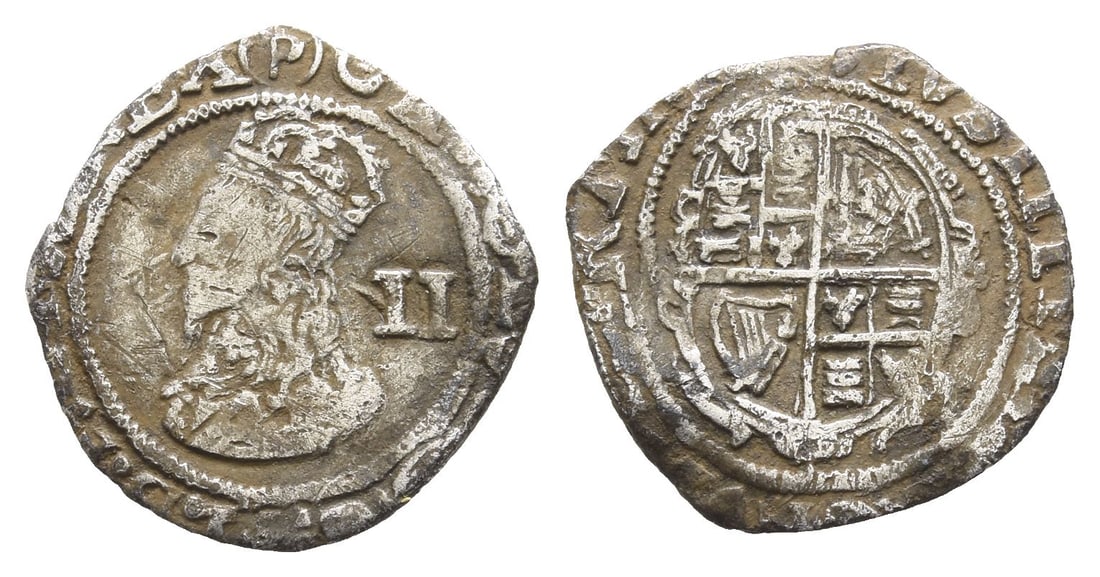 England. Stuart, Charles I AR Halfgroat: Struck under Parliament, 1643-1644. Tower (London) mint; i.m: P-in-circle. Group D, type 3a3.. (P) CAROLVS D G M B F ET H REX, crowned fourth bust to left, wearing ruff; II (mark of value) to right / 