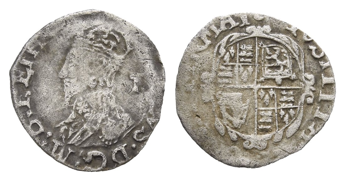 England. Stuart, Charles I AR Penny.: 1625-1649. Tower (London) mint. Crowned and draped bust to left, I (mark of value) behind / Oval quartered coat of arms. Cf. North 2268; cf. SCBC 2845. 0.41gr, 13mm, 10h. Good Fine. From the private c