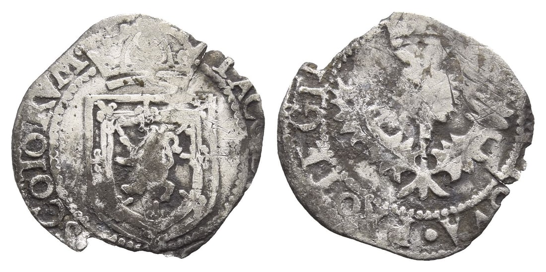 Scotland. James VI AR Eighth Thistle Merk.: 1602. Edinburgh mint. Eighth coinage. Crowned arms of Scotland / Crowned thistle. SCBC 5500. 0.62gr, 17mm, 7h. Good Fine. Edge chipped. From the private collection of a Sussex, UK, gentleman. TimeLine