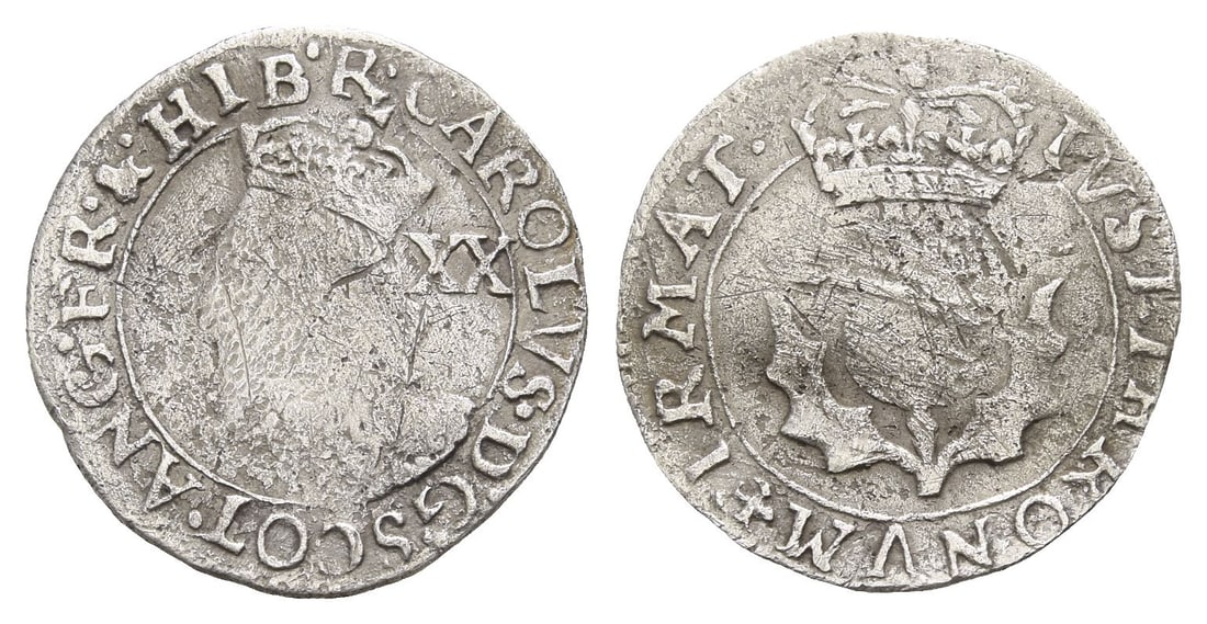Scotland. Charles I AR Twenty Pence.: 1637-1642. Third coinage. Falconer's First issue, without F.. CAROLVS ? D ? G ? SCOT ? ANG ? FR ? & ? HIB ? R, crowned bust to left, XX (mark of value) behind; / IVST ? THRONVM ? FIRMAT ?, crowned thi