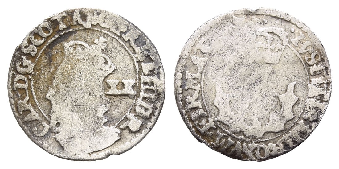 Scotland. Charles I AR Twenty Pence.: Struck 1637-1642. Edinburgh mint. CAR D G SCOT ANG FR HIB R, crowned bust to left; XX (mark of value) behind / IVSTITIA THRONVM FIRMAT, crowned thistle. Cf. SCBC 5591. 0.71gr, 16mm, 7h. Good Fine. Fou
