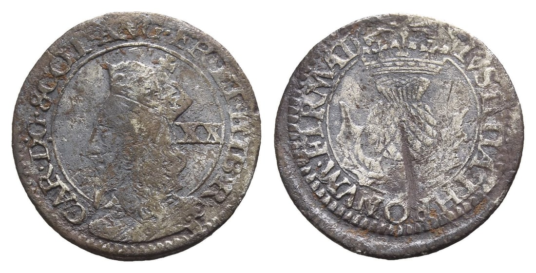 Scotland. Charles I AR Twenty Pence.: 1637-1642. Edinburgh mint. Third coinage. Falconer's First issue. CAR ? D : G ? SCOT ? ANG ? FR ? ET ? HI ? R ?, crowned bust to left, XX (mark of value) behind; / IVSTITIA ? THRONVM ? FIRMAT, crowned