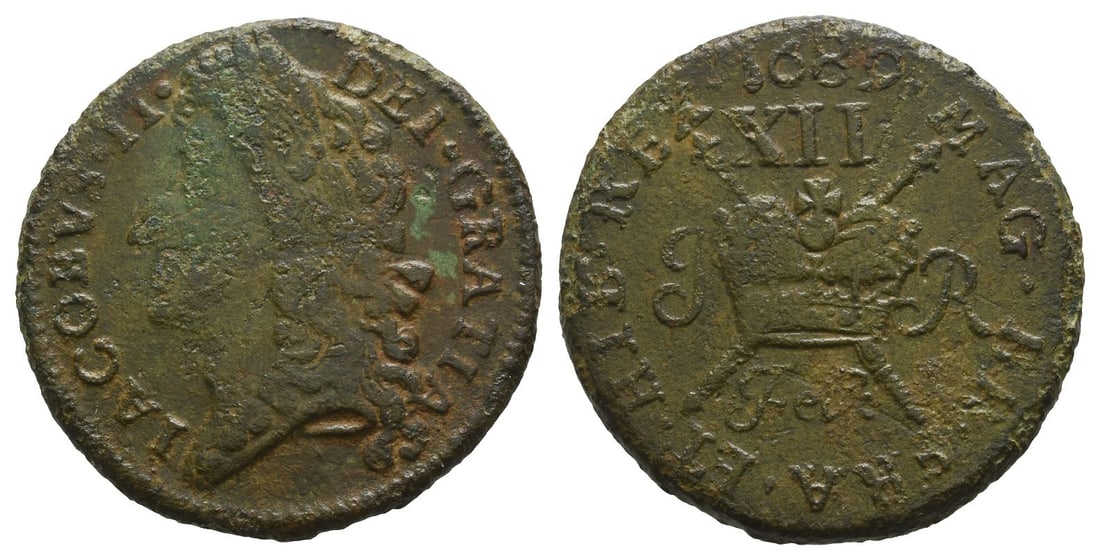 Ireland. James II AE Shilling.: Dated February 1689. Dublin or Limerick mint. 'Gunmoney? coinage. IACOBVS ? II ? DEI ? GRATIA, laureate head to left / ? MAG ? BR ? FRA ? ET ? HIB ? REX ? 1689, crown over two scepters crossed in salt