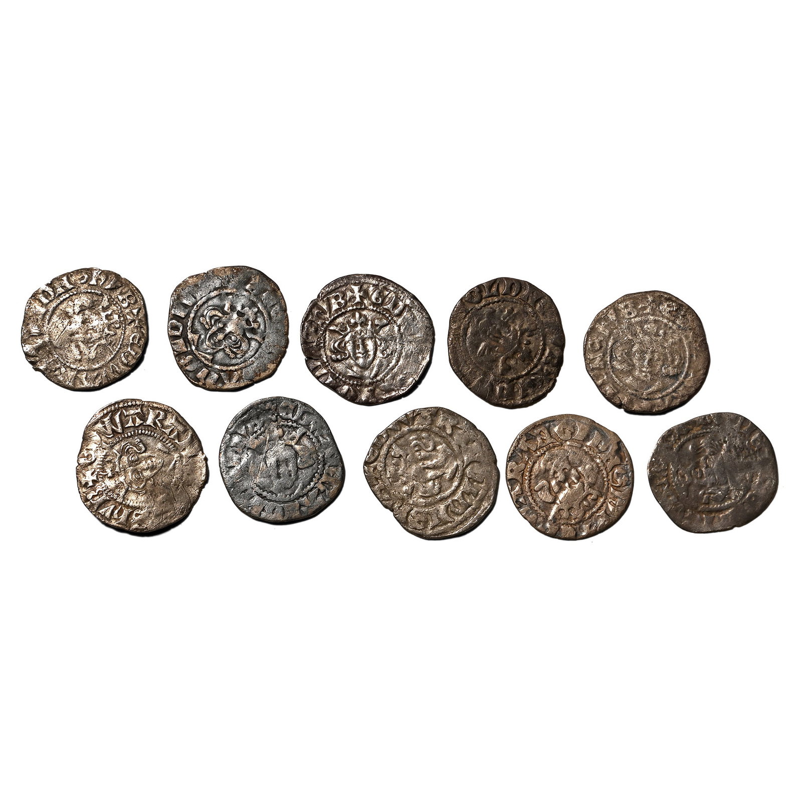 Group of Ten [10] Edward I-III English Medieval AR Hammered Pennies.: 13th-14th century AD. Comprising: mixed monarchs, mints and issues. 11.88gr total, 17-18mm. As shown. Acquired on the UK art market. From the collection of Mr Carlos Bahamonde, Manchester, UK. TimeLin