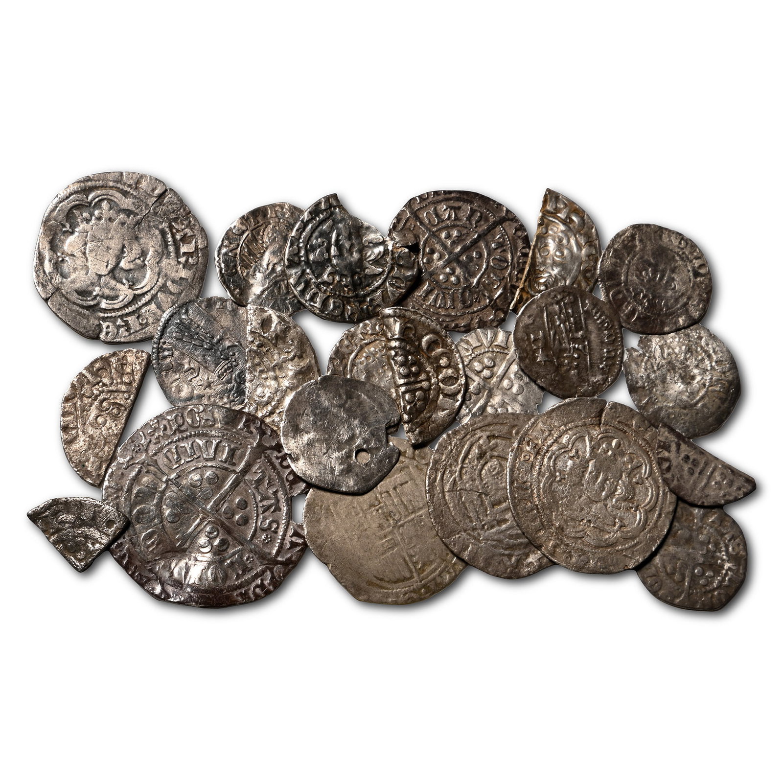 Group of Twenty Two [22] English and Continental Medieval AR Hammered Coins.: 12th-15th century AD. Comprising: mixed monarchs, denominations and issues. 18.22gr total, 12-25mm. As shown. Acquired on the UK art market. From the collection of Mr Carlos Bahamonde, Manchester, UK.