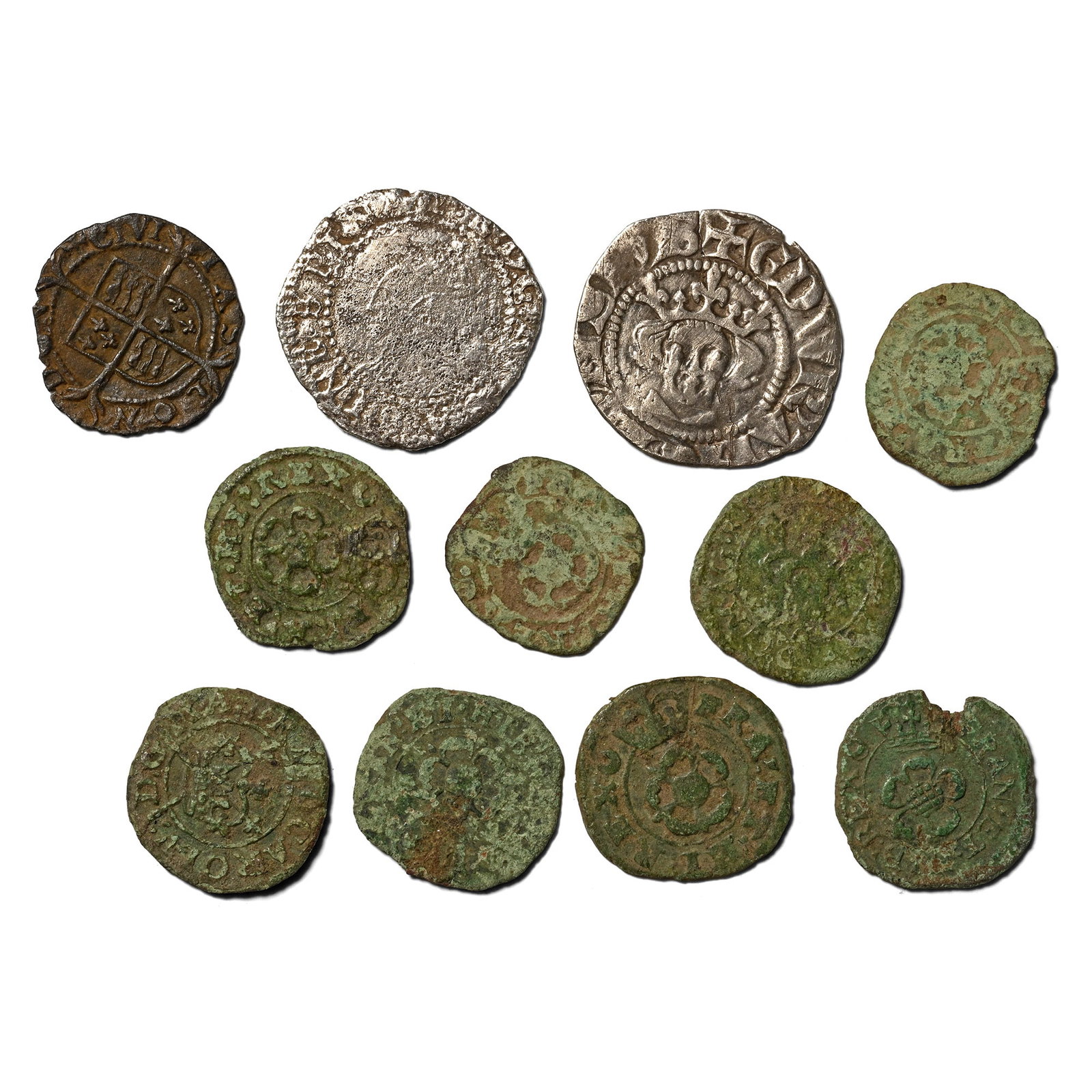 Group of Eleven [11] English Found Medieval, Tudor and Stuart AE and AR Coins. (1 of 1)