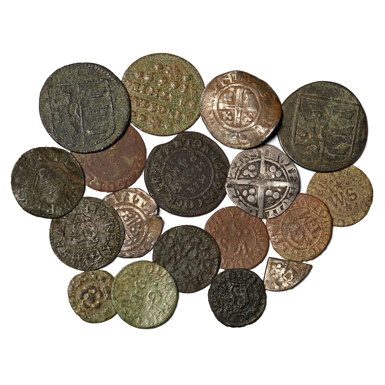 Group of Eighteen [18] Medieval AR Coins and Post Medieval AE Trade Tokens.: 12th-17th century AD. Comprising: two short cross pennies and a cut quarter, an Edward III penny, various copper farthings and 17th-century trade tokens, all unresearched. 16.73gr total, 13-21mm. As S