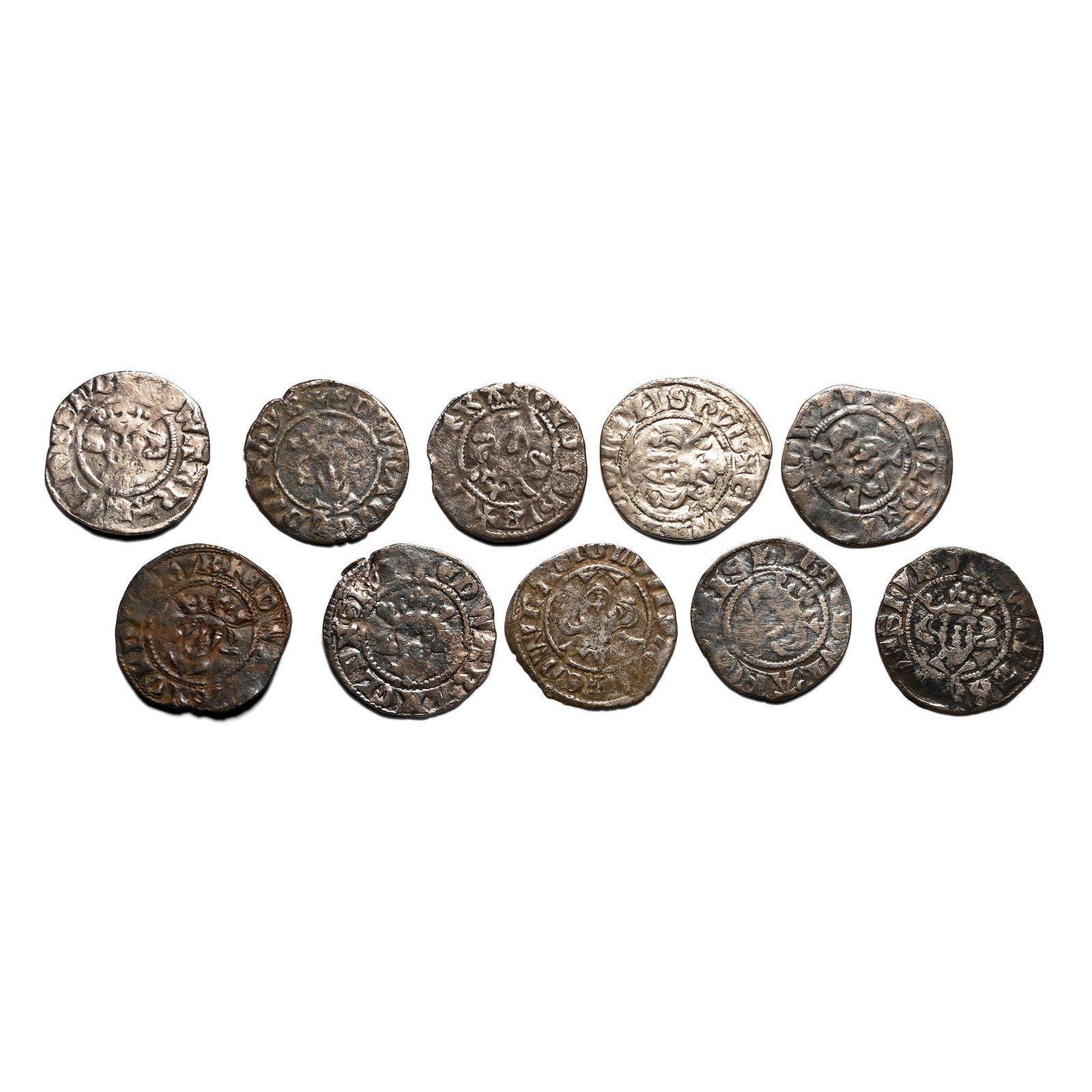 Group of Ten [10] Edward I-III English Medieval AR Hammered Pennies.: 13th-14th century AD. Comprising: mixed monarchs, mints and issues. 12.66gr total, 17-19mm. As shown. Acquired on the UK art market. From the collection of Mr Carlos Bahamonde, Manchester, UK. TimeLin