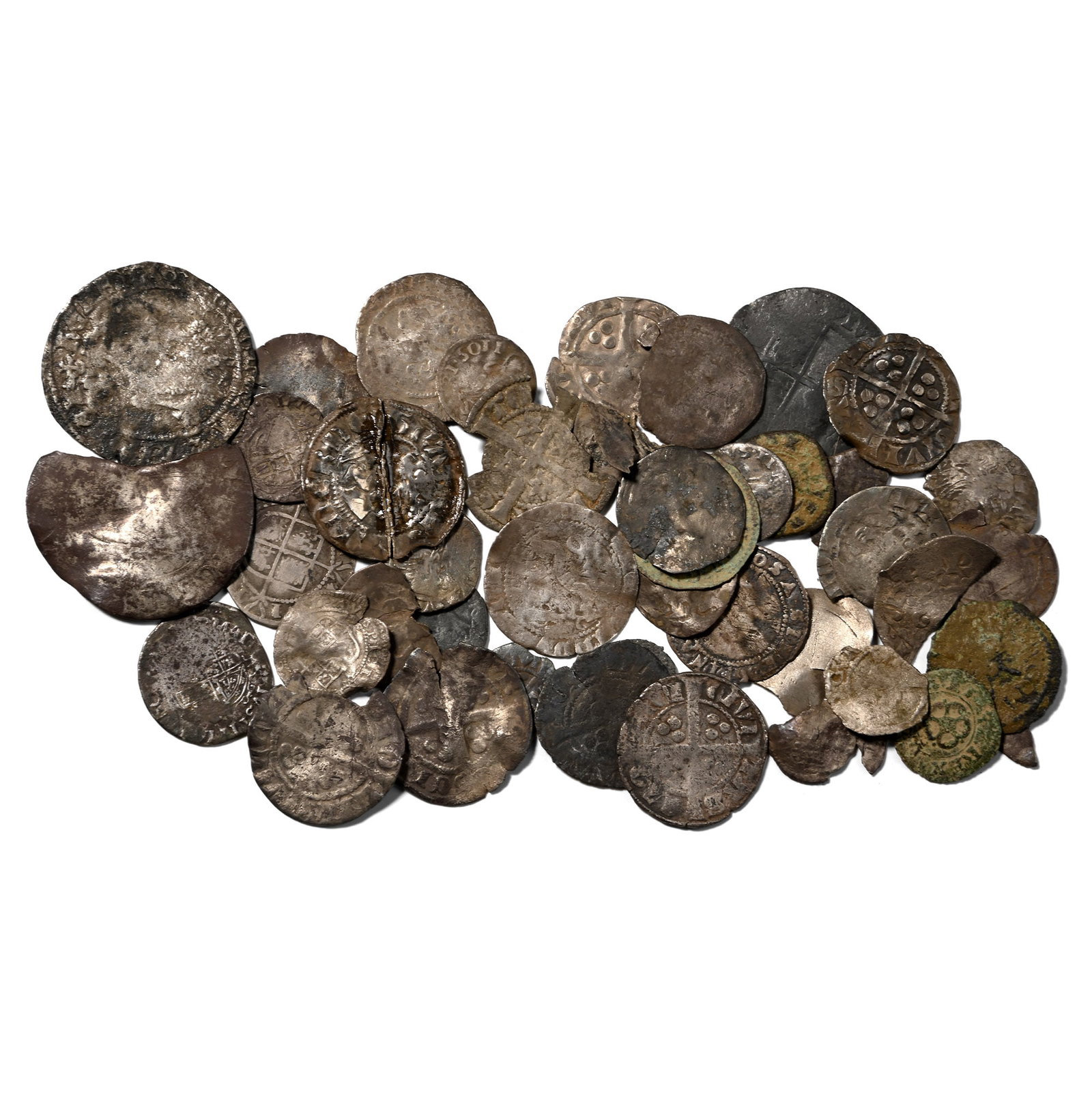 Group of Forty-Four [44] Medieval English, Scottish, and Continental Silver and Bronze Hammered: Circa 13th-17th century AD. Comprising: various monarchs, issues, denominations, and reverse types. 30.01gr total, 10-26mm. As shown. From the private collection of a Sussex, UK, gentleman. TimeLine A