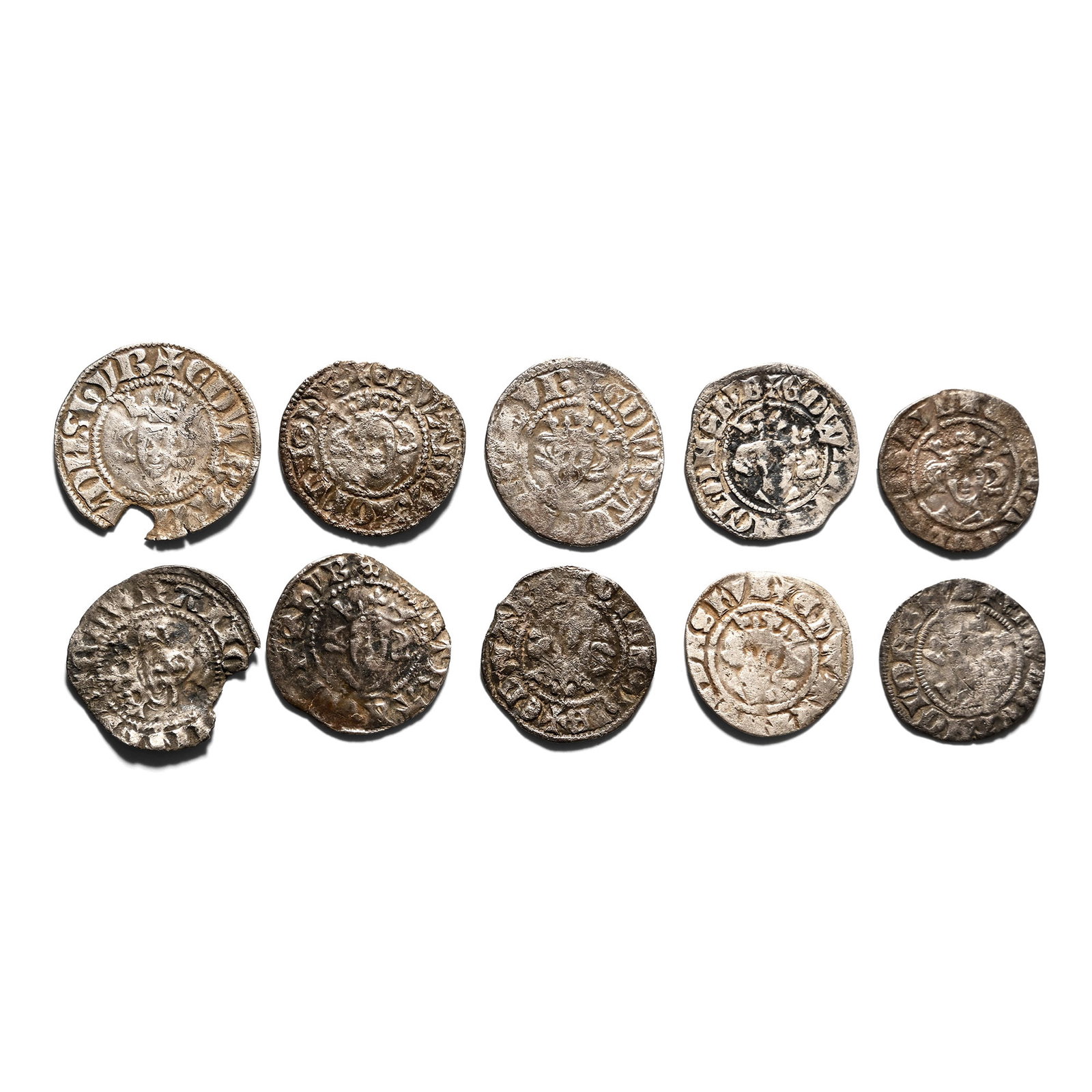 Group of Ten [10] Edward I-III AR English Hammered Pennies.: 1272-1377. Comprising: mixed monarchs, issues and mints. 11.90gr total, 16-20mm. As Shown. From the private collection of a Sussex, UK, gentleman. TimeLine Auctions follows a rigorous vetting process 