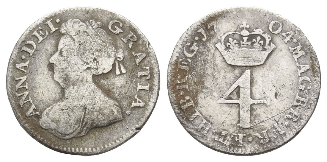 Great Britain. Stuart, Anne AR Fourpence.: Dated 1704. Tower (London) mint. ANNA ? DEI ? GRATIA ?, draped bust to left, with hair tied in fillet / ? MAG ? BR ? FR ? ET ? HIB ? REG ? J7-04, crowned denomination. SCBC 3595. 1.86gr, 19mm, 6h. Goo