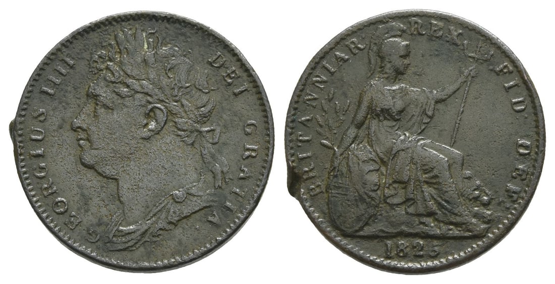 Great Britain. Hanover, George IV CU Farthing.: Dated 1825. Royal (Tower Hill) mint. Design by Benedetto Pistrucci. GEORGIUS IIII DEI GRATIA ?, laureate and draped bust to left / BRITANNIAR: REX FID: DEF:, seated figure of Britannia facing to right