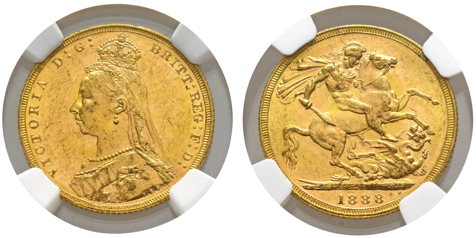 Great Britain. Hanover, Victoria AV Sovereign.: Dated 1888. Melbourne mint. Second Legend type. VICTORIA D: G: BRITT: REGINA F: D:, Jubilee bust left, J.E.B. with angled J on base of truncation; second legend position / St George on horseback slayi