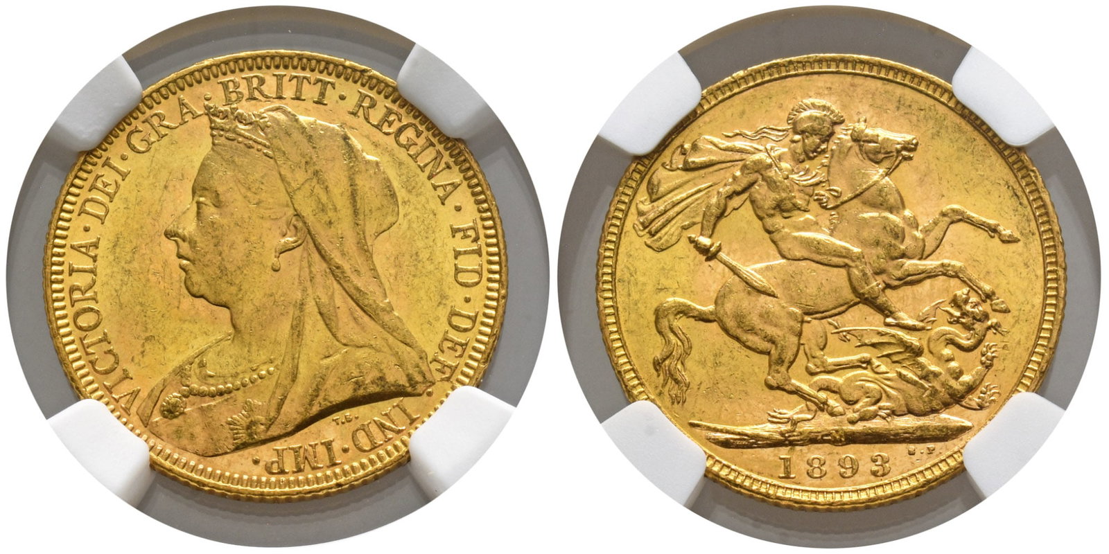 Great Britain. Hanover, Victoria AV Sovereign.: Dated 1893. Melbourne mint. VICTORIA ? GRA ? BRITT ? REGINA ? FID ? DEF ? IND ? IMP ?, old, veiled bust left, T.B. below / St George on horseback slaying the dragon right; mintmark M in groundline; da