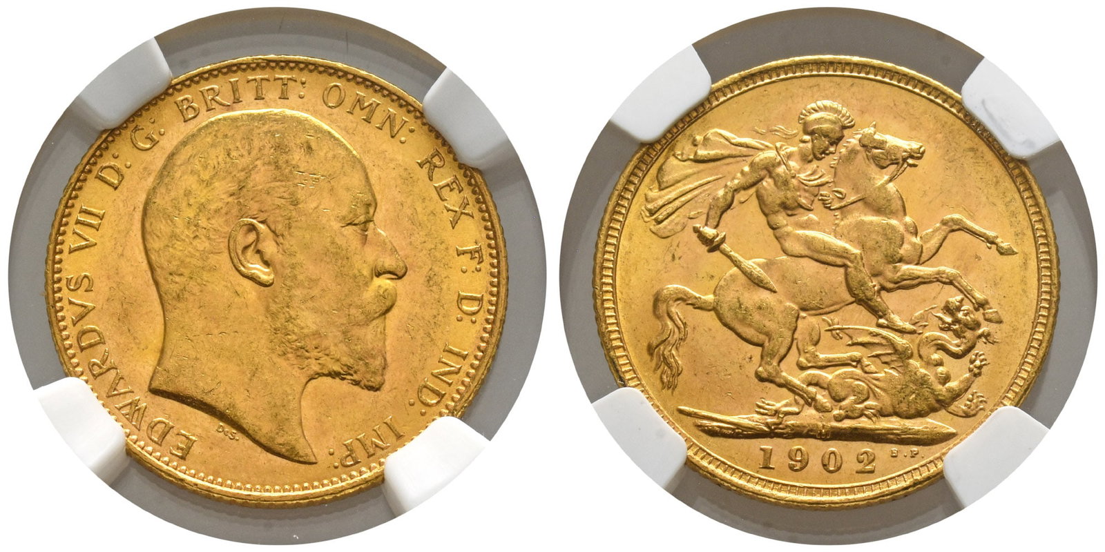 Great Britain. Saxe-Coburg-Gotha, Edward VII AV Sovereign.: Dated 1902. Melbourne mint. EDWARDVS VII D: G: BRITT: OMN: REX F: D: IND: IMP:, bare head right, DeS. below / St George on horseback slaying the dragon right; mintmark M in groundline; date and B.P. i