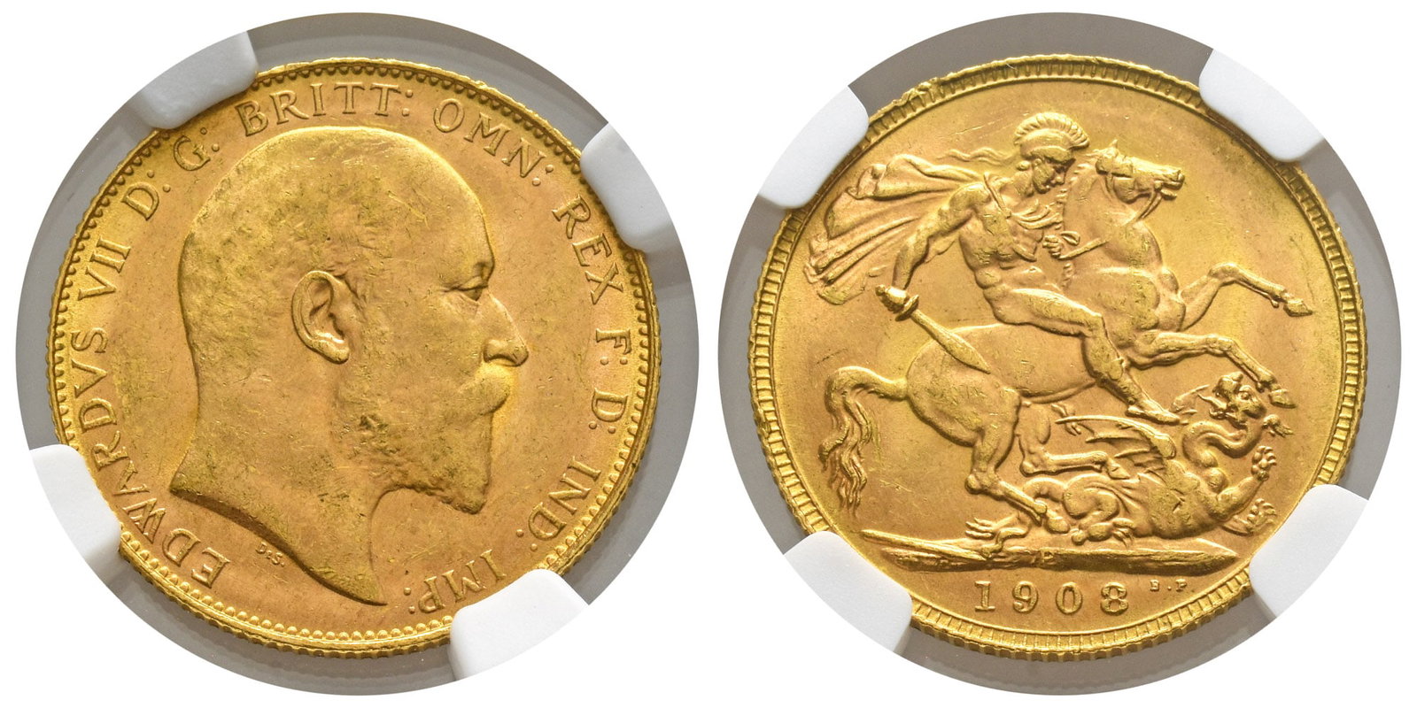 Great Britain. Saxe-Coburg-Gotha, Edward VII AV Sovereign.: Dated 1908. Perth mint. EDWARDVS VII D: G: BRITT: OMN: REX F: D: IND: IMP:, bare head right, DeS. below / St George on horseback slaying the dragon right; mintmark P in groundline; date and B.P. in ex