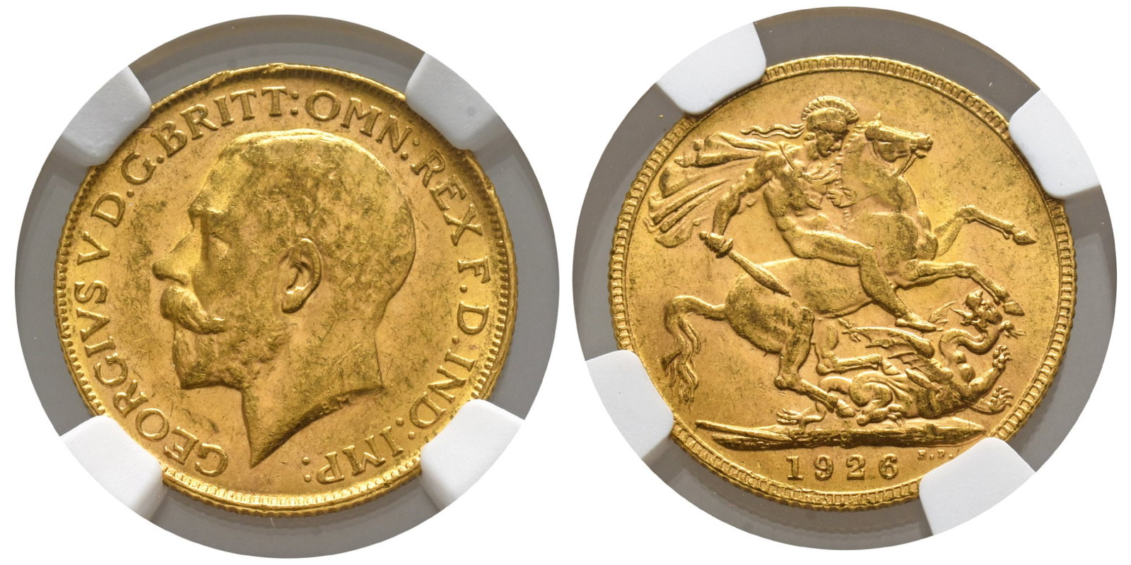 Great Britain. Windsor, George V AV Half Sovereign.: Dated 1926. Perth mint. GEORGIVS V D. G. BRITT: OMN: REX F. D. IND: IMP:, bare head left, B.M. on truncation; / St George on horseback slaying the dragon right; mintmark P in groundline; date and B.P.