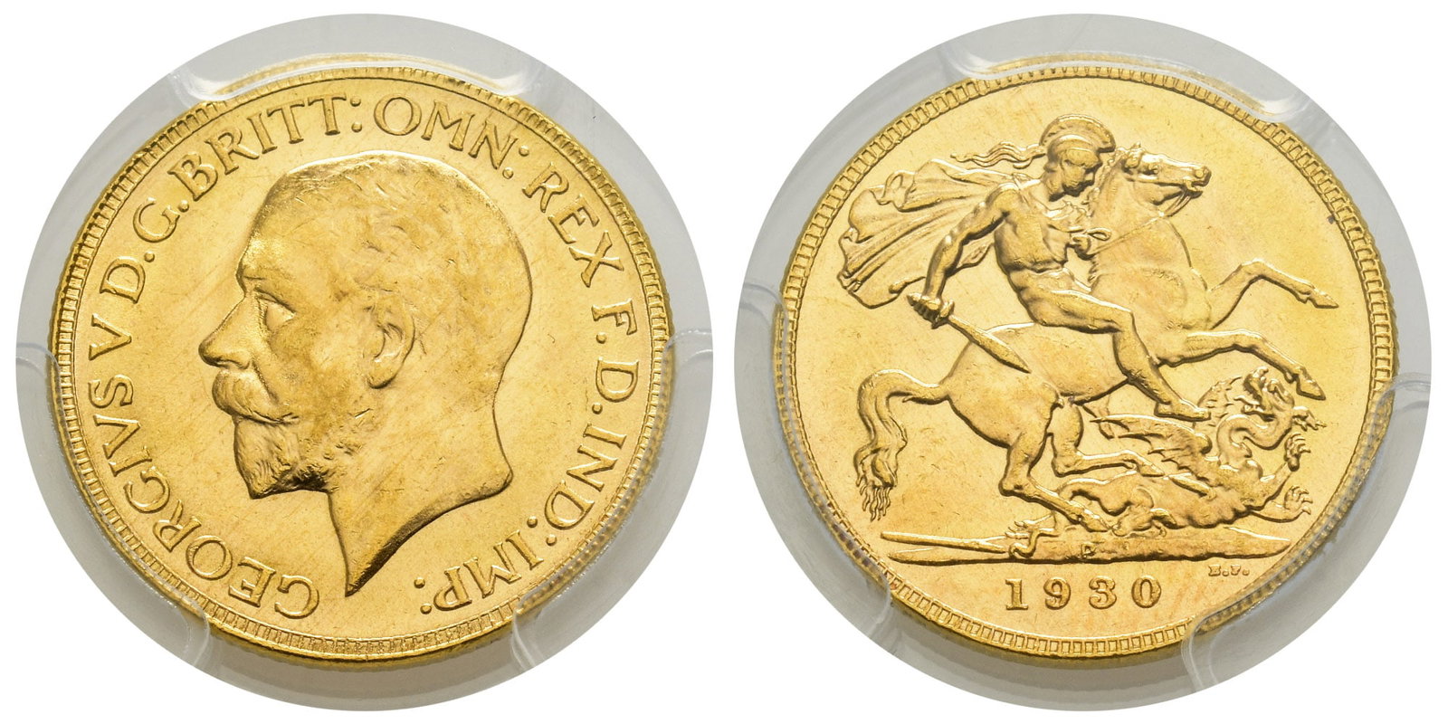 Great Britain. Windsor, George V AV Sovereign.: Dated 1930. Perth mint. GEORGIVS V D. G. BRITT: OMN: REX F. D. IND: IMP:, bare head left, BM on truncation / St George on horseback slaying the dragon right, no WWP under lance; mintmark P in groundli