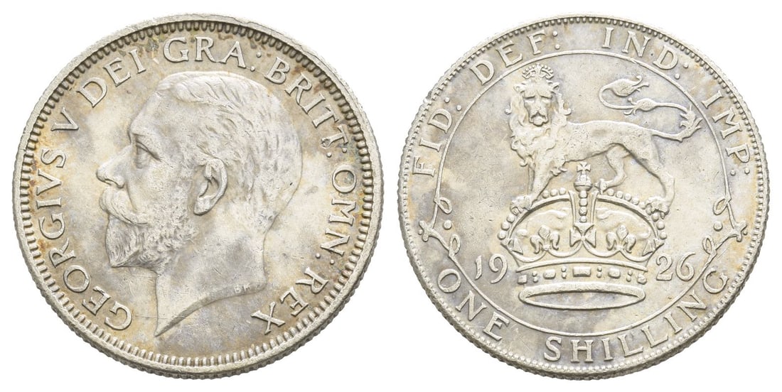 Great Britain. Windsor, George V AR Shilling.: Dated 1926. Royal Mint. Design by Bertram Mackennal. GEORGIVS V DEI GRA: BRITT: OMN: REX, bare head of King George V to left; B.M. on truncation / FID: DEF: IND: IMP:, lion standing on St Edward's cro