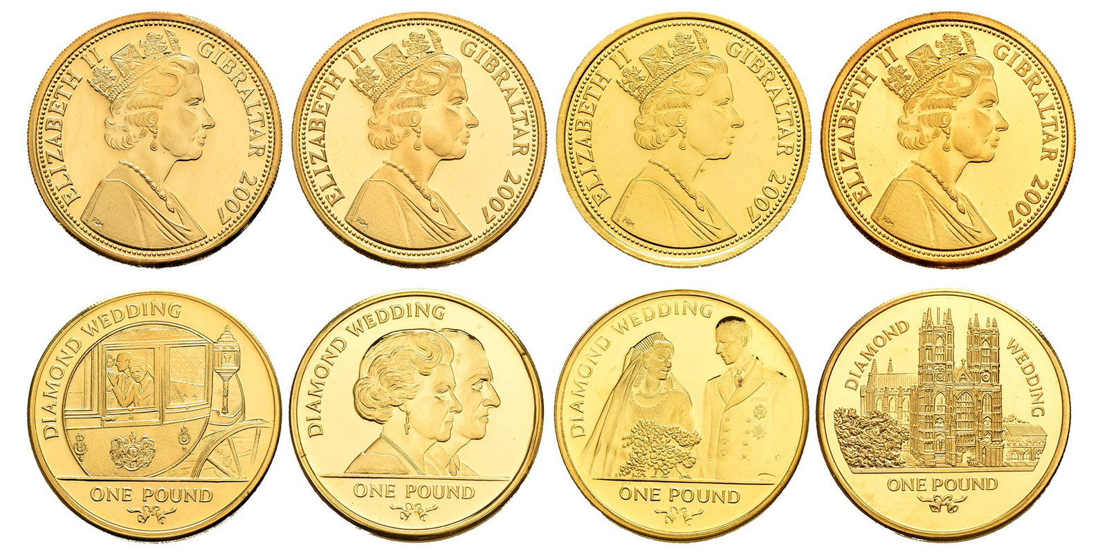 Gibraltar. Elizabeth II Set of Four [4] AV Pounds.: Dated 2007. London mint. Commemorative issues of the Diamond Wedding of Queen Elizabeth II and Prince Philip. Raphael David Maklouf, engraver.. ELIZABETH II GIBRALTAR 2007 RDM, uncouped bust of Queen 