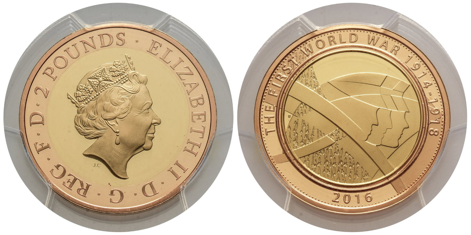 Great Britain. Windsor, Elizabeth II Proof AV Two Pounds.: Dated 2016. Royal Mint. Commemorating the 100th Anniversary of the First World War. Designs by Jody Clark and Tim Sharp. ELIZABETH ? II ? D ? G ? REG ? F ? D ? 2 POUNDS ?, fifth crowned bust of Elizab
