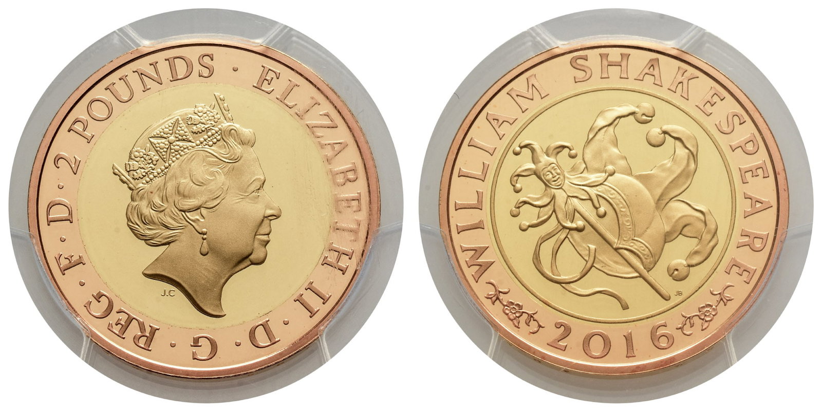 Great Britain. Windsor, Elizabeth II AV Proof Two Pounds.: Dated 2016. Royal Mint. Commemorating the 400th anniversary of the death of William Shakespeare, one of the greatest British writers of all time. Designs by Jody Clark and John Bergdahl.. ELIZABETH ? 