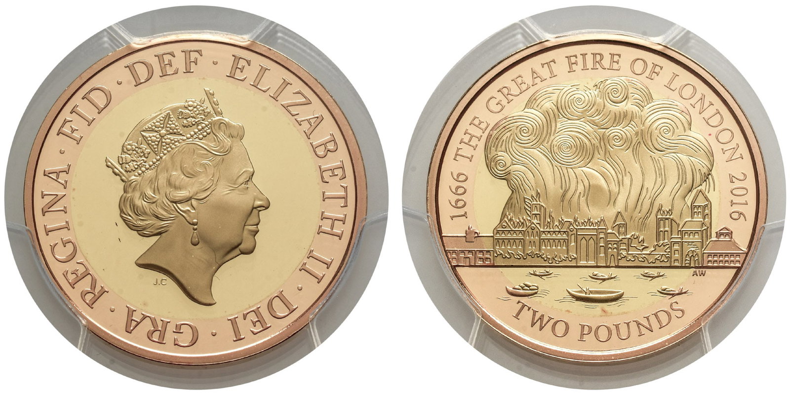 Great Britain. Windsor, Elizabeth II Proof AV Two Pounds.: Dated 2016. Royal Mint. Commemorating 350 years since the Great Fire of London. Designs by Jody Clark and Aaron West. ELIZABETH II ? DEI ? GRA ? REGINA ? FID ? DEF ?, fifth crowned bust of Elizabeth I