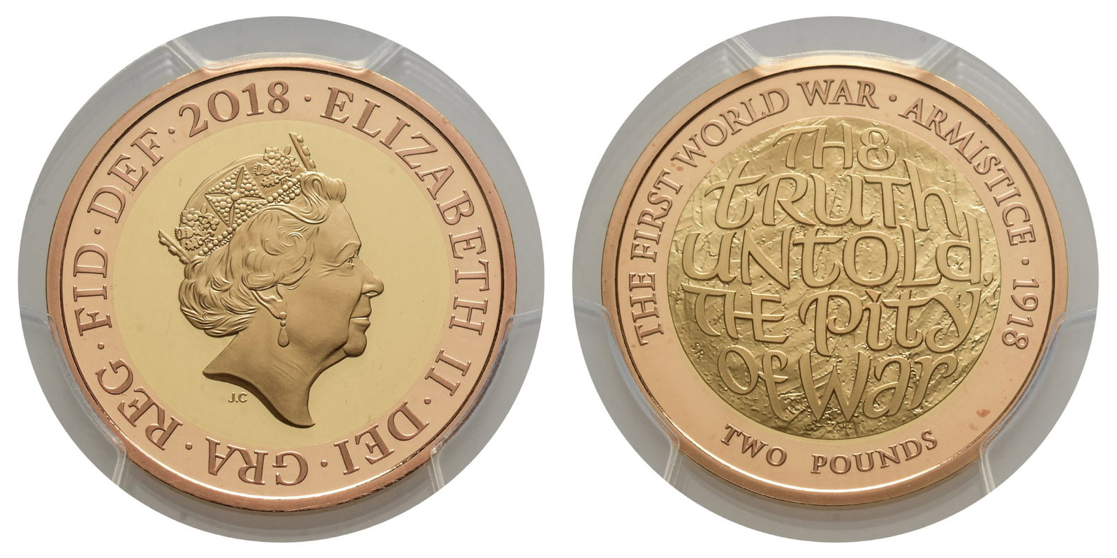 Great Britain. Windsor, Elizabeth II Proof AV Two Pounds.: Dated 2018. Royal Mint. Commemorating the 100th Anniversary of the First World War. Designs by Jody Clark and Stephen Raw. ELIZABETH II ? DEI ? GRA ? REG ? FID ? DEF ? 2018 ?; fifth crowned bust of El