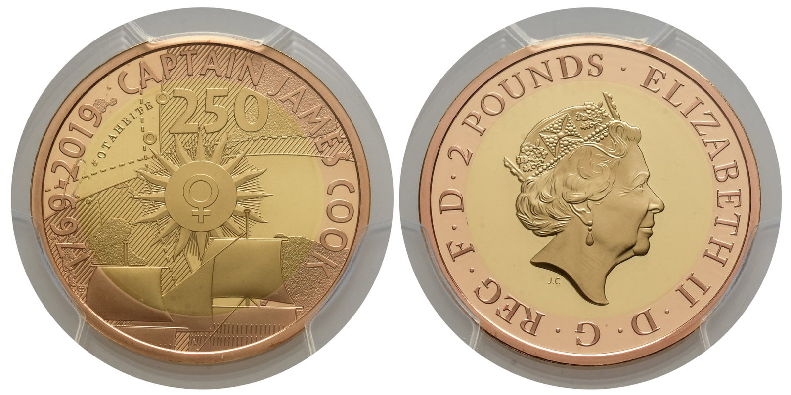 Great Britain. Windsor, Elizabeth II Proof AV Two Pounds.: Dated 2019. Royal Mint. Commemorating issue of the 250 years since Captain James Cook's first round-the-world voyage. Designs by Jody Clark and Gary Breeze. ELIZABETH II ? D ? G ? REG ? F ? D ? 2 POUN